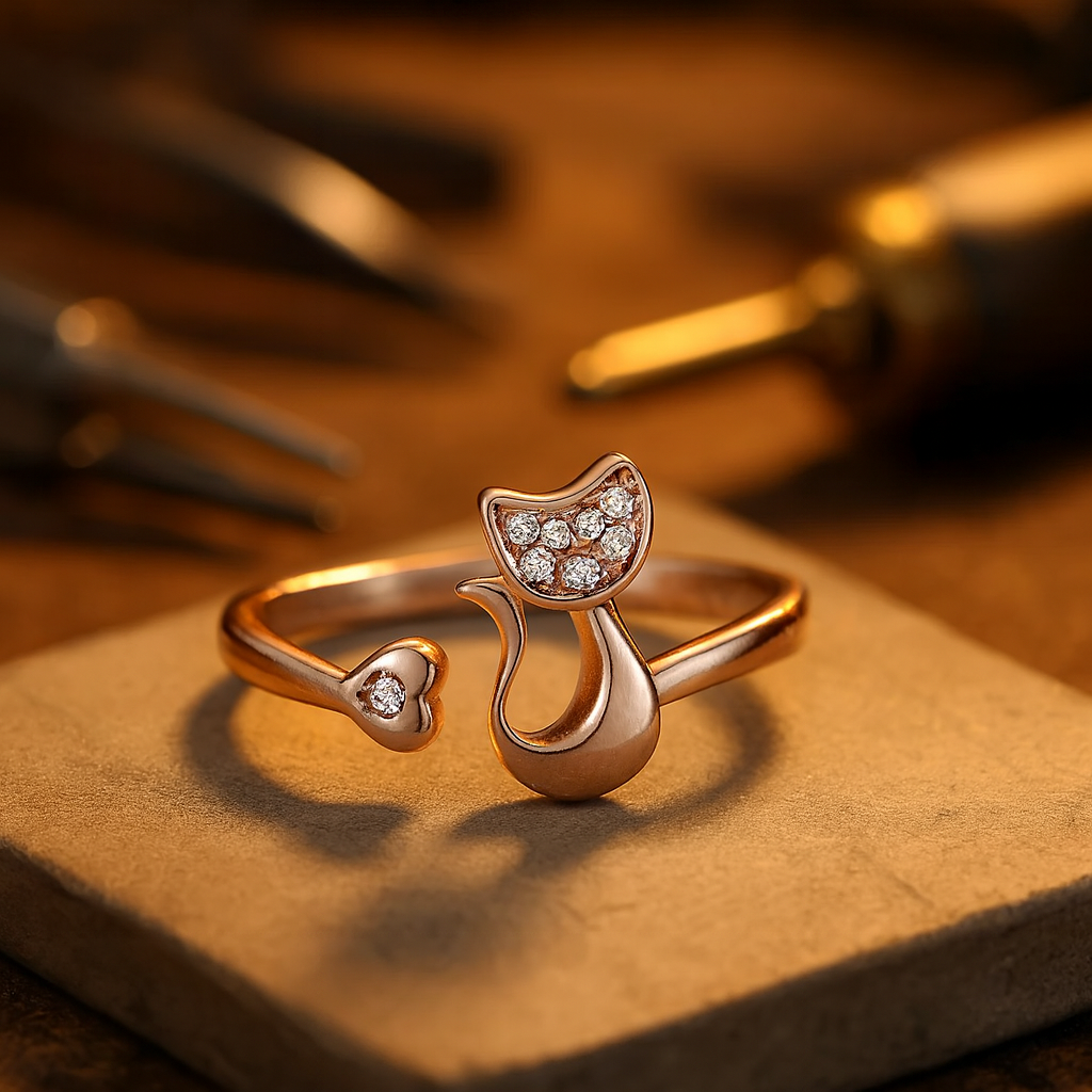 Shadow Open Ring with Cat Motif – Zirconia