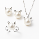 Beautiful Cat and Pearl Necklaces with Earrings and Ring