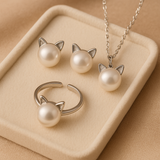 Beautiful Cat and Pearl Necklaces with Earrings and Ring