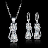 Happy Cats Necklace and Earrings Set in Sterling Silver and Polished White Zirconia.